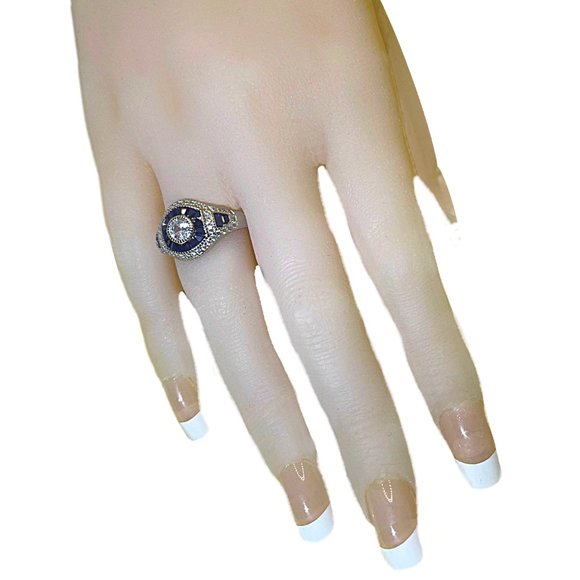 Sapphire Blue Spinel & Synthetic Diamond Deco Ring - Size 6 OR 7 - Picture 5 of 5